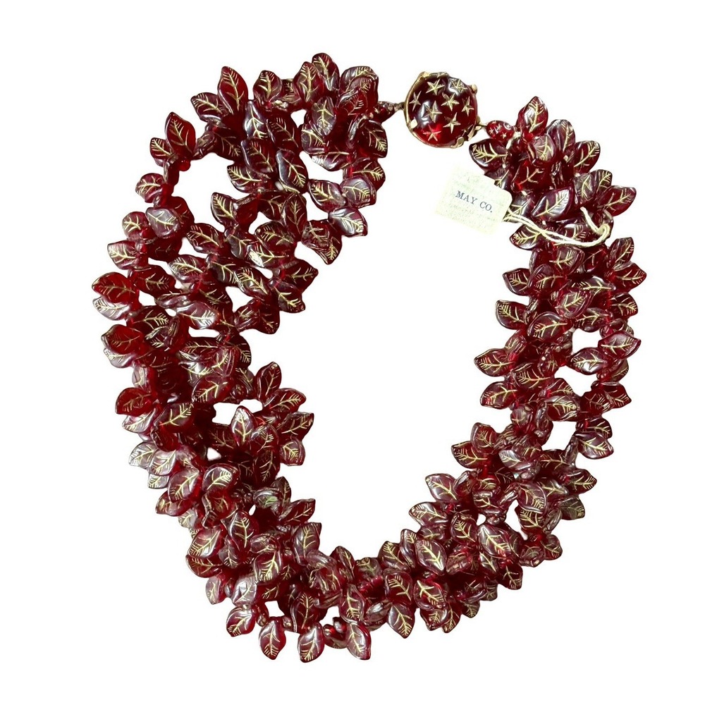 Vintage Castlecliff Ruby Red Glass Leaf 3 Strand Necklace Signed May Co Tag RARE